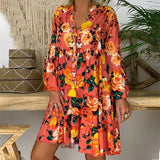 Bohemian Women Dresses Summer Long Sleeve Button Loose Mini Dress Big Swing Boho Dress Printed