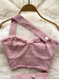 Pink Denim Sexy Women Sets Elegant Zipper Suspenders Tops Sashes Button Pocket Irregular Slash Neck Slim Two Piece