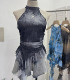 Trend Irregular Hanging Neck Dyeing Net Yarn Vest Lotus Side Ribbon Short Sleeveless Top