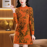 Long-Style Semi-High-Necked Sweater Women's 2024 Autumn And Winter New Retro Color Thread Knitted Bottom Sweater-Outfit