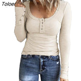 Women T-shirt Solid Color Buttons Long Sleeves Pullover Scoop Neck Warm Simple Style Soft Lady Spring Top Female