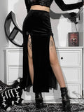 Vintage Black Velvet Split Skirts Aesthetic Sexy High Waist Bow Bodycon Long Skirt Elegant E Girl Punk Partywear