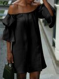 Celmia Cotton Sexy Off Shoulder Robes Solid Color Women Party Vestidos Pleats 2022 Summer Mini Dress Short Puff Sleeve