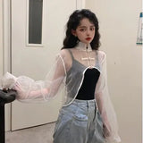 Japan Style Cropped Jacket New Women Thin Coat Korean Perspective Mesh Blouses Batwing Sleeve Blusas Mujer De Moda
