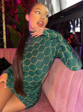Print Green Turtleneck Sexy Ruched Long Sleeve Mini Club