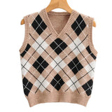 Argyle Y2K Khaki Cropped Sweater Vest Vintage Sleeveless Knitted Pullover Women V Neck Preppy Style Tank Vest