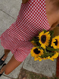 Women Y2K 2Pieces Plaid Outfits One Shoulder Irregular Hem Backless Tie-up Tank Tops+High Waist Shorts Set Loungewear-Outfit