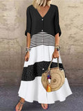 New Women's Skirt Fashion Temperament V-neck Short Sleeve Printed Stripe Polka Dot Stitching Long Button Casual