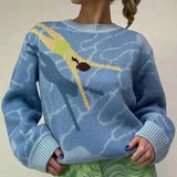 Korean Women Sweater Wave Print Causal Knitted Pullovers Female Jacquard Loose Blue Tops 2021 Autumn Winter Oversized