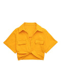 Women Safari Style Pockets Patch Knotted Linen Short Smock Blouse Lady Chic Kimono Cropped Shirt Blusas Tops-Outfit