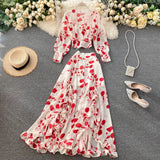 Sexy Chiffon Two Piece Set Women Autumn Bohemian Vacation Beach Short Tops And Ruffle Irregular Long Skirt Female Print Suit