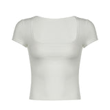Solid Color U-Collar Tight Skinny Short-Sleeved T-Shirt Summer Basic Low-Collar Knitted Blouse-Outfit