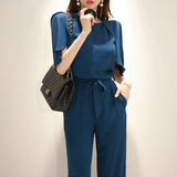 Summer Long Jumpsuit Women Lace Up Romper Office Lady Female Elegant Jumpsuit Short Sleeve