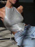 Sexy Slim Silver Crop Top Women Bodycon Sleeveless Backless Lace-Up Tank Top Lady Elegant Party Tops Female Clothes
