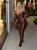 Sexy Skinny Solid Two Piece Set Women Fashion Cross V-neck Long Sleeve Tops+ High Waist Floor Length Trousers Street Suit-Outfit
