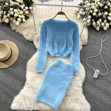 Winter Women Warm Sweater Suits Short Knit Top+High Waist Slim Skirt Sweet Streetwear Knitted Two Pieces