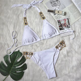 Toloer New Swimwear Crystal Diamond Chain Women's Split Swimsuit Perm Gold Snake Grain Strap Sexy