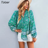 Boho Floral Print Holiday Women Shirt Tops Lace-up V-Neck Lantern Sleeve Loose Vestidos Vintage Casual Spring