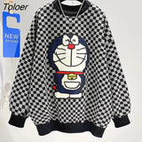 Hip Hop Streetwear Cartoon Cat Embroidery Sweatshirt Women Plaid Winter Tops O-neck Oversized Streetwear Goth Clothes