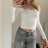 Feel Pink Bow Tie Square Collar Long-Sleeved T-Shirt 2023 Autumn And Winter New Slim Basic Casual Blouse-Outfit