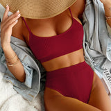 High Waist Bikinis 2021 Beach Solid Ribbed Push Up Bathing Suit Brazilian Swimwear Biquini Set Female Swimsuit