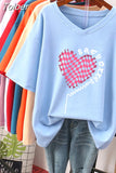 100% Cotton L-6XL T Shirt Plus Size Tshirt Short Sleeve Women Top Summer Heart Print Couple V Neck Oversized T