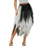 Women Midi Skirts Summer Contrast Color/Solid Color Elastic High Waist Irregular Ruffles Multi-Layered Tulle Tutu Skirts-Outfit