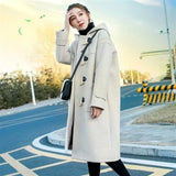 Horn Button Wool Coat Women's Middle Long Autumn And Winter Department Student Sen Department Hooded Woolen Coat