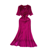 Woman Sexy Collar Short Sleeve Dress Female High-End Royal Sister Repair Hot Diamond Open Fork Long Fishtail