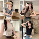 Style Simple Shoulder Short-Sleeved T-Shirt Women's Summer Thin Style Design Feeling Solid Color Full-Fitting Spicy Girls Short-Style Blouse-Outfit