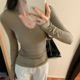 Solid Color U-Collar Slim Underwear Women's Autumn And Winter New Ins Thin Warm Long-Sleeved T-Shirt-Outfit