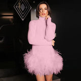 Turtleneck Knit Sweater Dress Women 2022 Winter Long Sleeve Turtleneck Knit Stitching Feather Dress Bodycon