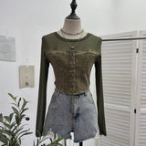 Real Shooting Denim Splicing Mesh Design Long-Sleeved T-Shirt Wearing Rope Tie Short Repair Body Coat