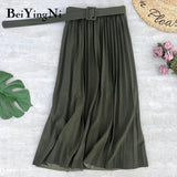 Korean Style Pleated Midi Skirt Women Casual New Fashion High Elastic Waist Skirts Black Pink Elegant Skirt Belt