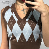 Top Argyle Sweater Vintage Vest V Neck Sleeveless Tank Jumper Preppy Style Plaid Knitted Pullover Autumn Winter