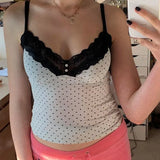 Polka Dot Crop Top Sexy Buttons Contrast Lace Patchwork V-neck Camisole Coquette Casual Basic Tank Tops All-match-Outfit