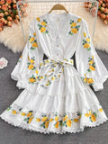 Casual Lace Trims Print Flower Mini Dress Women V Neck Long Puff Sleeve Cascading Ruffles Lace Up Party Vestidos
