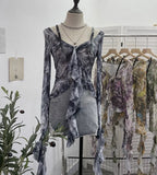 Retro Oil Painting Wind Dyed Lotus Leaf Side Sling T-Shirts Long Sleeves Drifting Coat