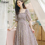 Floral Chiffon Dress Women Sweet Puff Sleeve Empire Vintage Fairy Slim Square Collar Vestido Pink Temperament Elegant