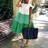 Patchwork Hit Color Dress Women O Neck Half Sleeve Oversize Casual Midi Dresses Female Summer