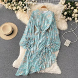 Autumn Bohemian Women Floral Drawstring Irregular Dress Female Elegant O-Neck Puff Sleeve Ruffle Vestidos Elegant Draped