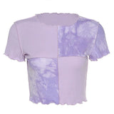 Crop Tops Tees Tie Dye With Sequin Patchwork Women Summer T-shirts Ruffles Hem Purple Or Bule