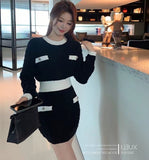 Knit Suit Women New Autumn Contrast Color O Neck Long-sleeved Short Pullover Sweater And Bodycon Mini Skirt 2 Piece
