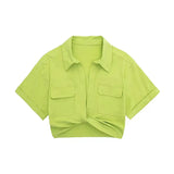 Women Safari Style Pockets Patch Knotted Linen Short Smock Blouse Lady Chic Kimono Cropped Shirt Blusas Tops-Outfit
