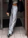 Y2k Silver Sweatpants Women Korean Streetwear Loose Vintage Side Stripe Elastic Waist Track Pants Summer Casual
