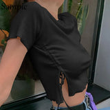 Y2K Chic Women O Neck Summer Knitted Bandage Short Sleeve Cropped T Shirt Tops Black Skinny Sexy Basic Tees