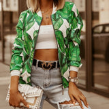 Casual Floral Printed Bomber Jacket Autumn Elegant Zipper Coat Office Wear Slim Office Jackets Vintage Outwear