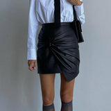 Toloer Women's Wear 2024 New Street Fashion Pleated Hip Skirt Leather Short Skirt-Outfit