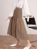 Vintage Patchwork Midi Skirt For Women High Waist Loose Ruched Solid Long Skirts Female Summer Clothing Style