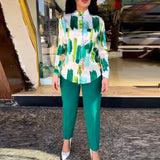 2023 Two Piece Set Womens Turn Down Collar Pant Sets Loose Print Long Sleeves Shirt Pencil Trousers Office Lady-Outfit